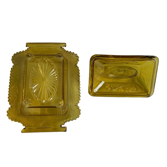 Antique Honey Dish Lid Yellow Glass Co-Operative Flint 1800s Leaf Pattern Pot - Picture 8 of 13